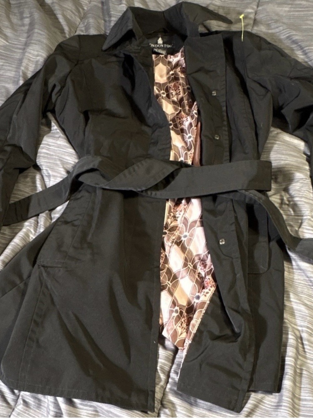 London Fog Black Trench Coat with Patterned Lining